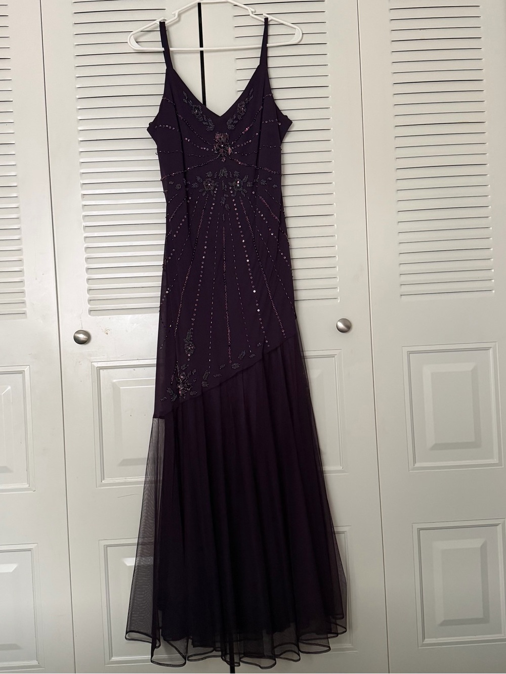 R&M Richards Deep Plum Beaded Maxi Gown